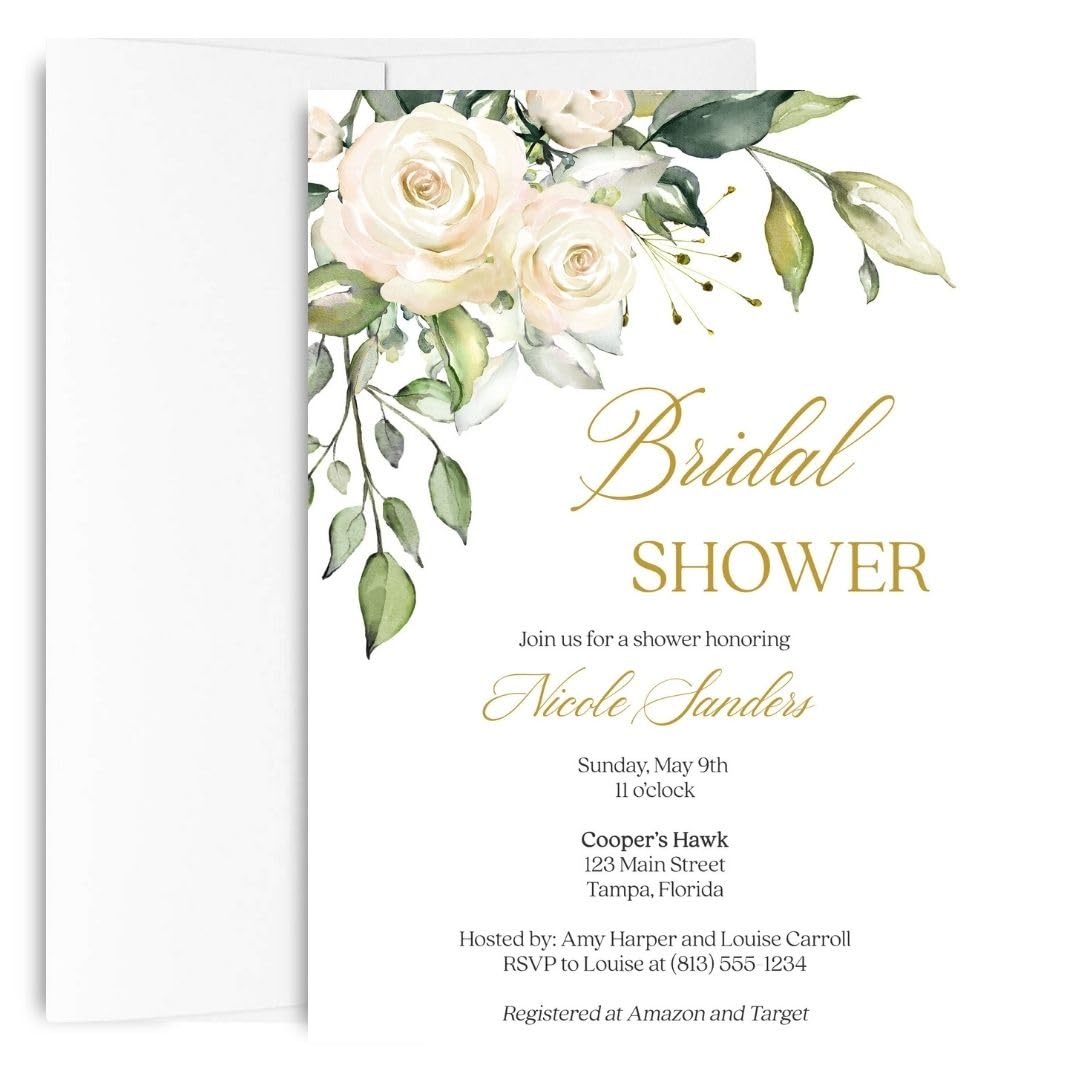 Bridal Shower Rose Invitations with Envelopes Personalized Floral Customizable Invites (12 Count)