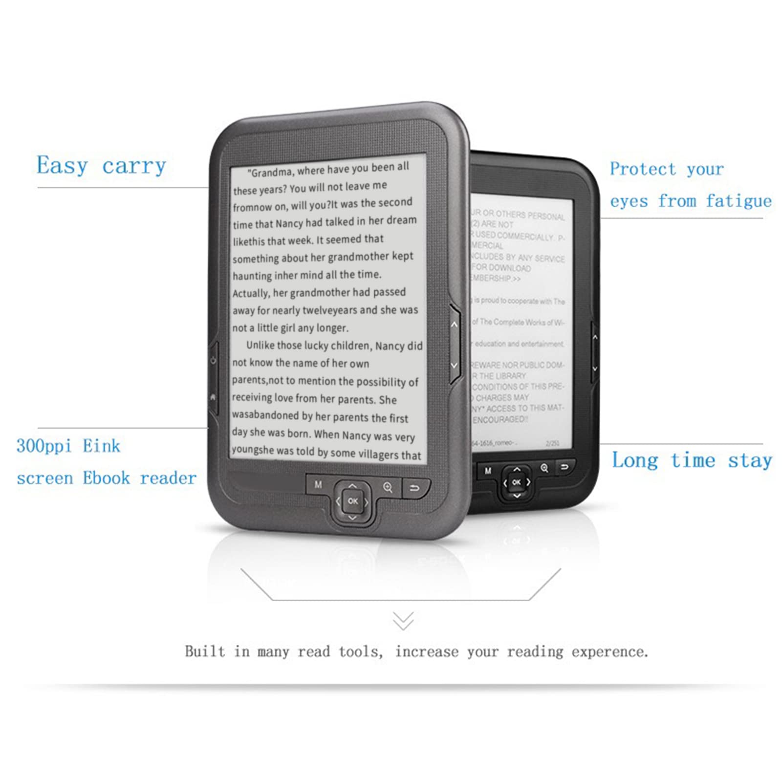 E Reader, 6in 800X600 HD Ink Screen Protezione per Gli Occhi E Reader, Tasti di Navigazione Multifunzione Supporto per Riproduzione Musicale FM Lettore di Libri Elettronici(16 GB)