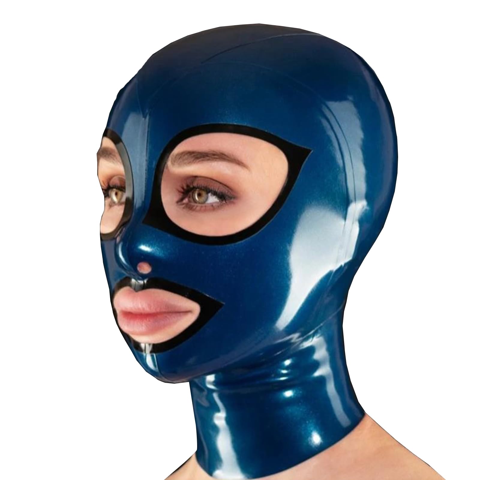 DSPENGS Latex Hood BDSM Riding Mask Open Mouth Natural latex with Back Zipper for Cosplay Party Unisex(Size:M-65CM)