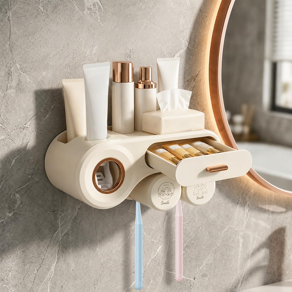 HASTHIP® Tooth Brush Holder Bathroom with Toothpaste Dispenser, Wall Mounted Storage Shelf with Drawer & 2 Cups, Adhesive Installation, PP Cosmetic Holder, Toothbrush Holder-image-22