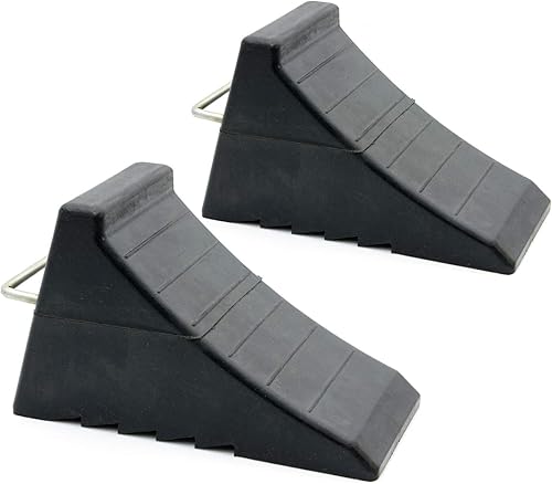 AFA Tooling - Calzas de goma resistentes con asas de amarre de acero - Calzo de rueda de RV para neumáticos delanteros y traseros - Diseño acanalado