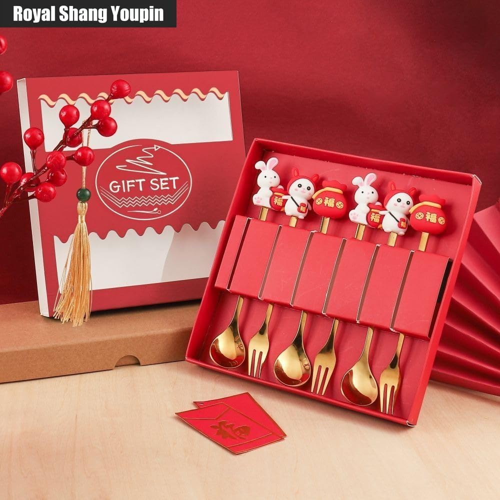 Rabbit Cartoon Cute Fun Stainless Steel Titanium Spoon and Fork Set Year of Dessert Spoon Lucky Bag Spoon Lucky Cat New Year Gift Set (8-piece set,No gift box)