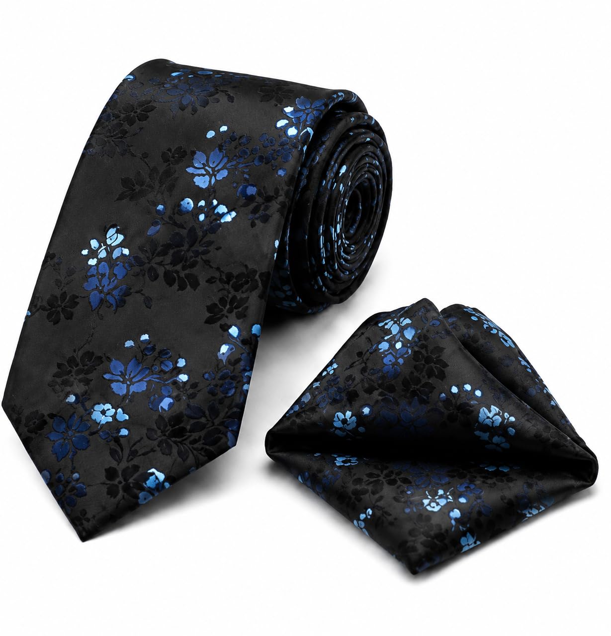 Men's Black & Blue Floral Silk Necktie and Pocket Square Set-picture-40