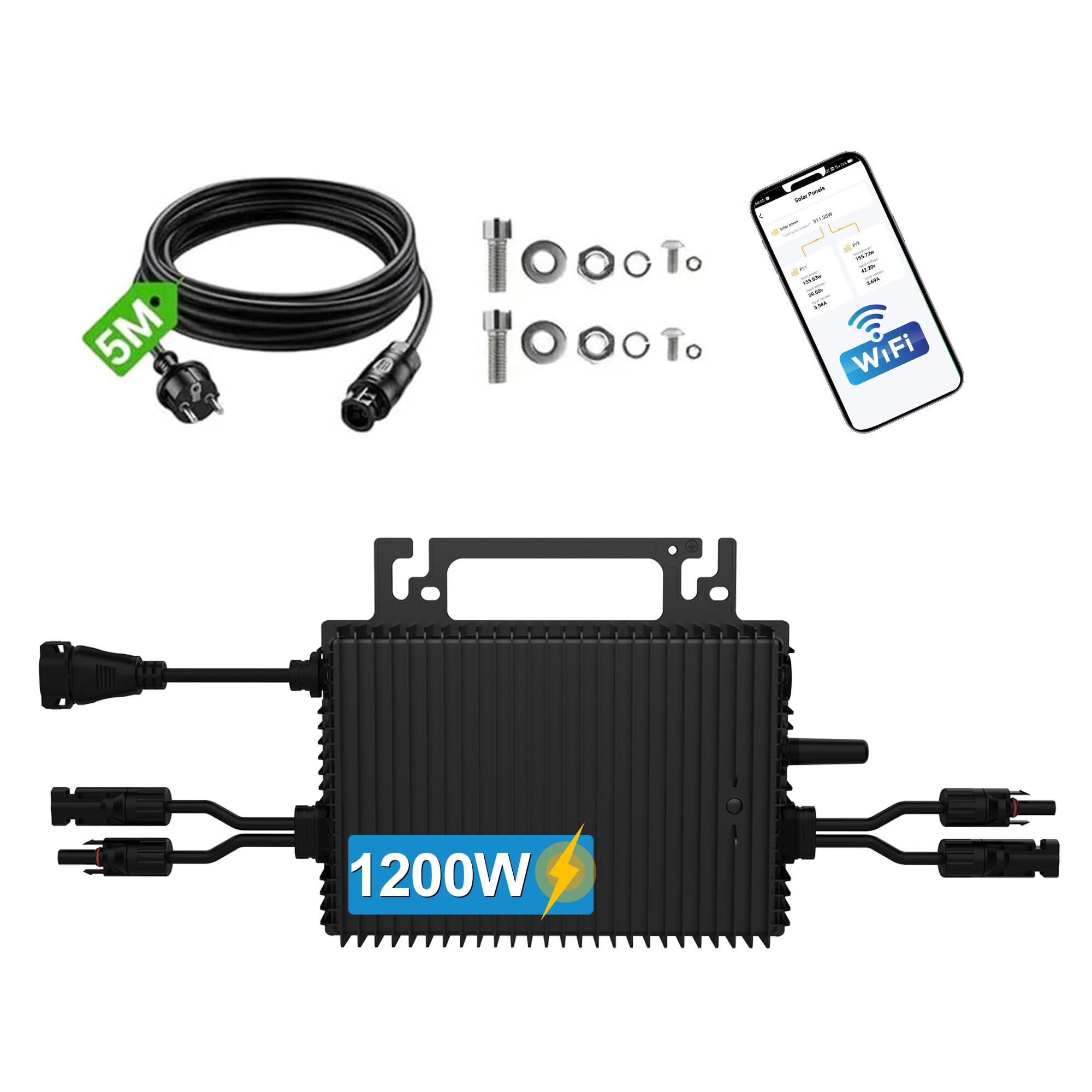 Micro-inverter 1200W, 2 MPPT, Inverter Solare Grid-Tie, Controllo WiFi e App, Impermeabile IP67, Cavo CA 16,4 ft, Kit Solare Plug-and-Play per Impianto Solare da Balcone
