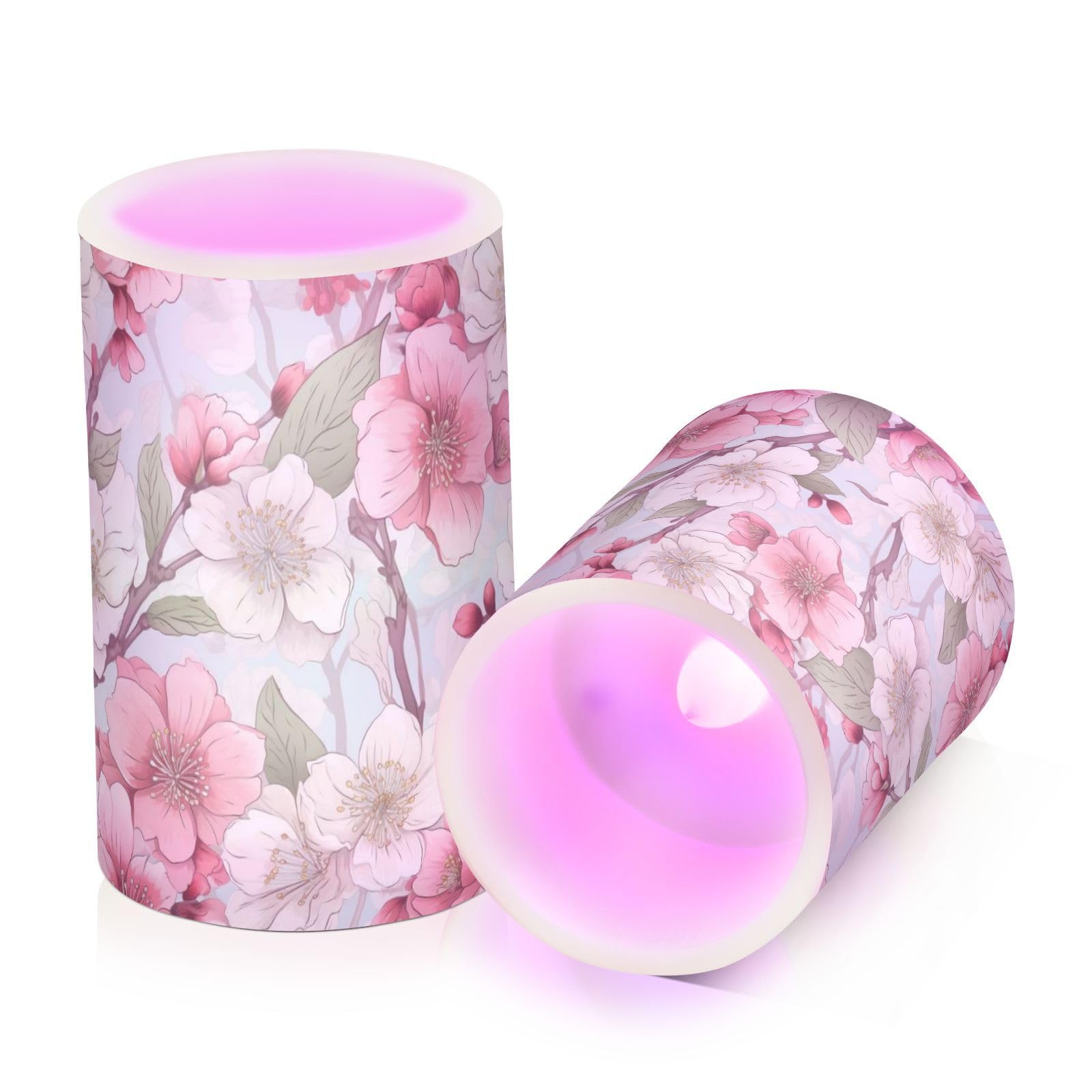 ALAZA Spring Pink Yellow Flowers Cherry Flickering Flameless Candles Battery Operated with Remote Timer,Tea Light Candles LED Pillar Votive Candles Set of 2 for Outdoor Indoor Decorations