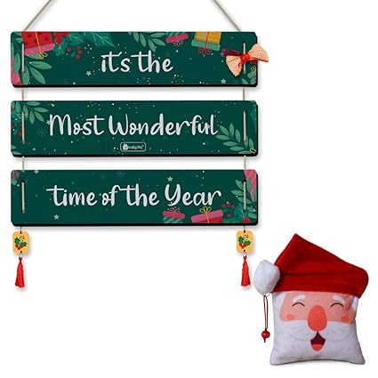 Indigifts Christmas Decoration Gift Quotes Printed Teal 3 Panel Hanging, Cherry Hanging, Ribbon Bow and Revesible Santa Soft Toy, Christmas Gift Box for Family, Home D cor Item for Christmas