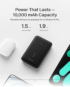 Belkin Portable Charger, Power Bank 10000 mAh w/Integrated Cable - 20W Fast Charge USB-C Power Delivery, iPhone Charger - Apple iPhone 17, Air, Pro, Pro Max, iPad, Samsung Galaxy S25, & More - Black