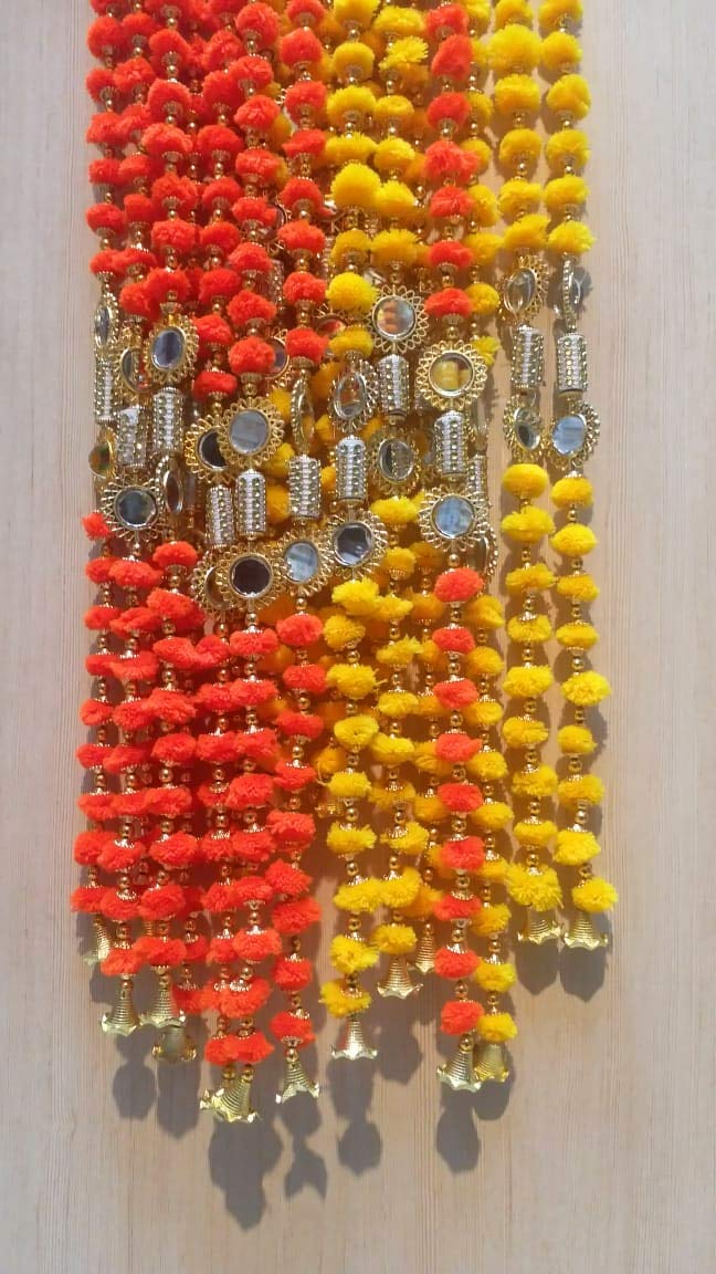 Estationeryhouse Multicolor Indian Handmade Pom Pom Garland With Mirrors And Bells 5 Feet Approx Pack Of 5 Garlands Mixed Colours Diwali Decor