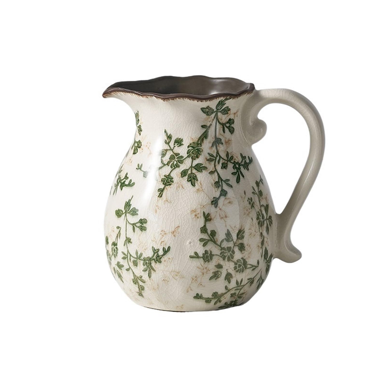 Elegant Ceramic Crackle Glaze with Green Floral Pattern, Decorative Jug Vase with Handle Table Centerpiece Table Centerpieces(Medium)