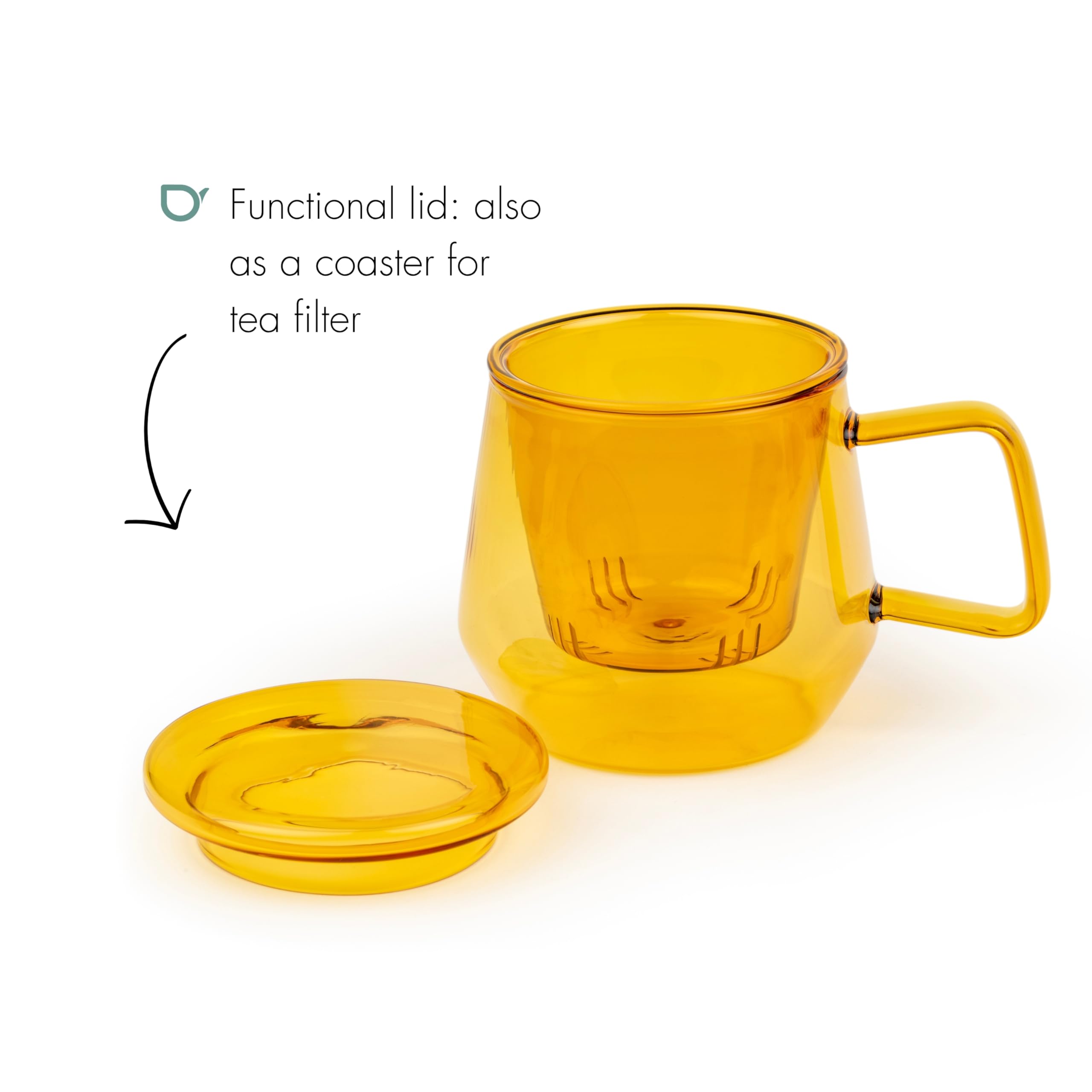 Bredemeijer Vaso de té de 350 ml con filtro de té de cristal y tapa de cristal – Taza de té de cristal transparente y amarillo para 1 taza de té suelto