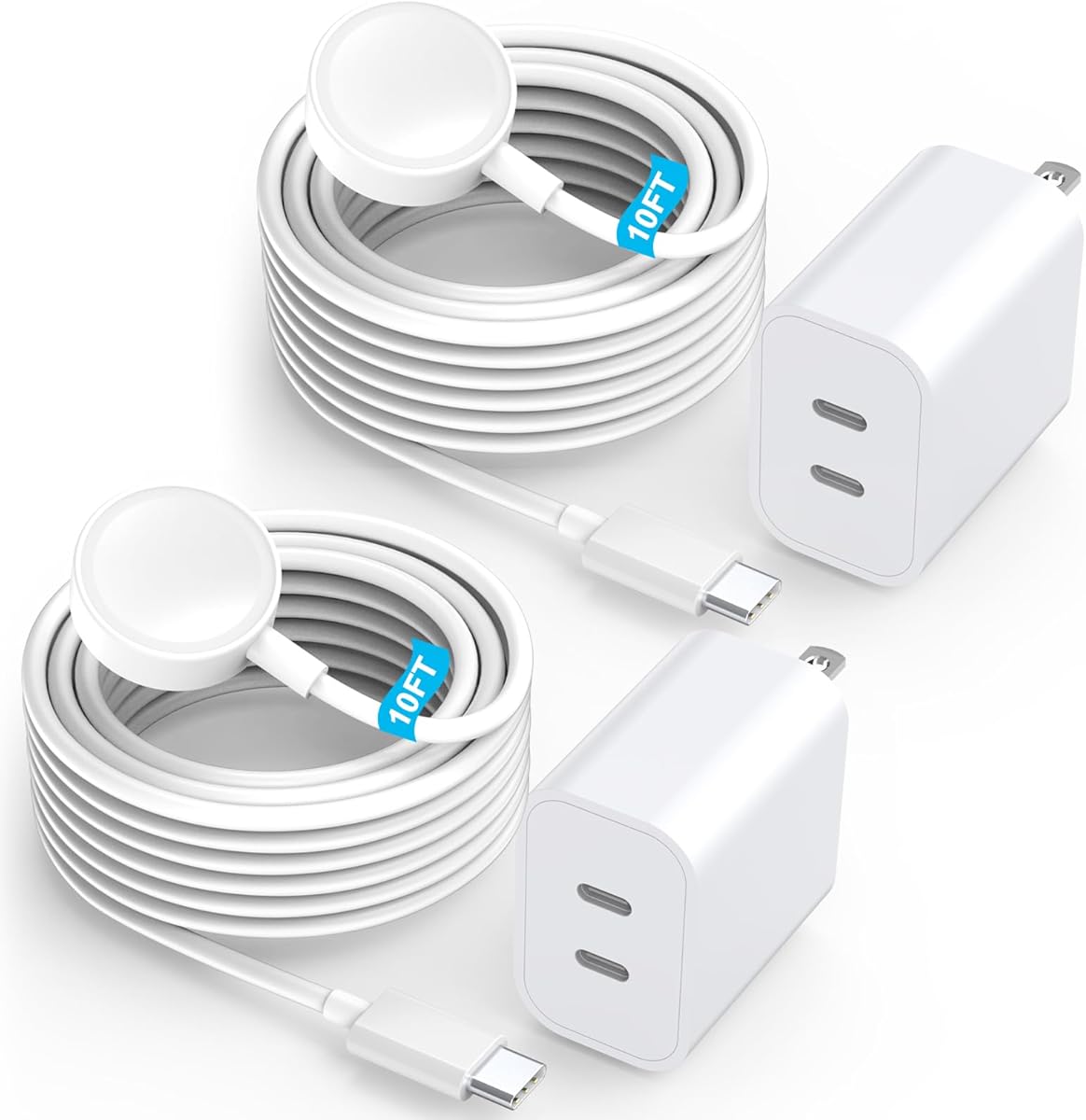 Fast Charger for Apple Watch, 2Pack Dual USB C Port iPhone Watch Charger Block Adapter with 10FT Long USB C Magnetic iWatch Fast Charging Cable Cord for iWatch Series 10/Ultra/9/8/7/6/SE/SE 2/5/4/3/1