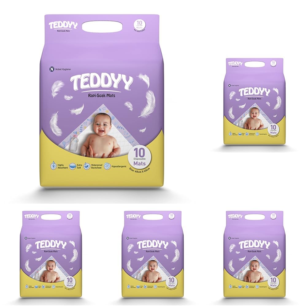 TEDDYY Baby Disposable Rapi-Soak Changing Mats Size - 60 X 60 Cm | 10 Count | Highly Absorbent | Unisex | Anti-Rash | Extra Soft top layer | Anti-Bacterial & Leak- Proof (Pack of 5)-image-34