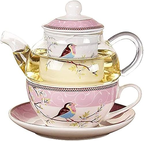 Miniatura 4 de ACUSKI Tetera de vidrio con un colador de infusor de porcelana fina juego de taza y platillo con patrón de pájaro feliz tetera y taza de té para un