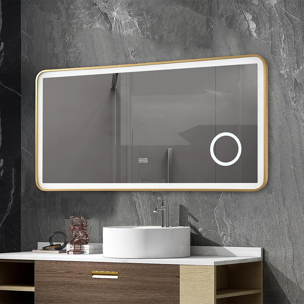 Miroir Salle de Bain LED 120x60cm Anti buée avec Cadre en Aluminium doré et loupe x3 LB-4685G -LuxuryBain