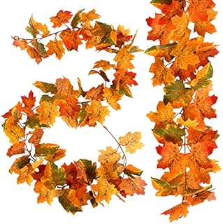 SULOLI Artificial Maple Leaves Garland 2Pcs Fall Autumn Hanging Plant for Home Garden Wall Doorway Backdrop Fireplace Decoration Wedding Party Thanksgiving Day Decor