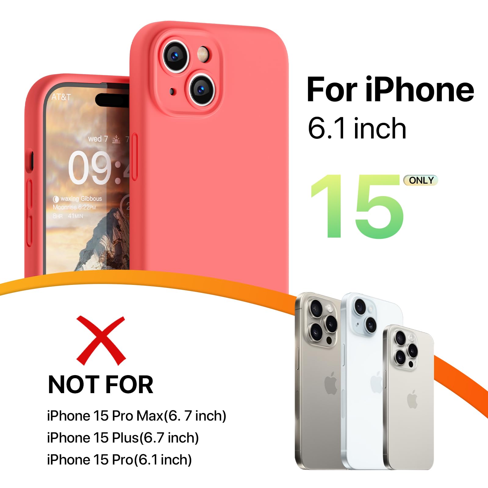 GOODVISH 3 in 1 Silicone Cover per iPhone 15 6.1" (2023), Custodia con 2 Pellicola Protettiva, Case per Cellulare Ultra Sottile Antiurto Resistente [Protezione Fotocamera], Pomelo Rosso