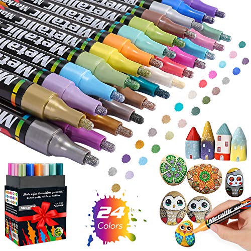 Gafild Metallic Marker, 24 Acrylic Paint Pen Set Wasserfest Acrylstifte, 3 mm Pinselstifte Set für Kartenherstellung DIY Fotoalbum Scrapbooking Gästebuch Hochzeit Papier Kunststoff SteinBullet Points