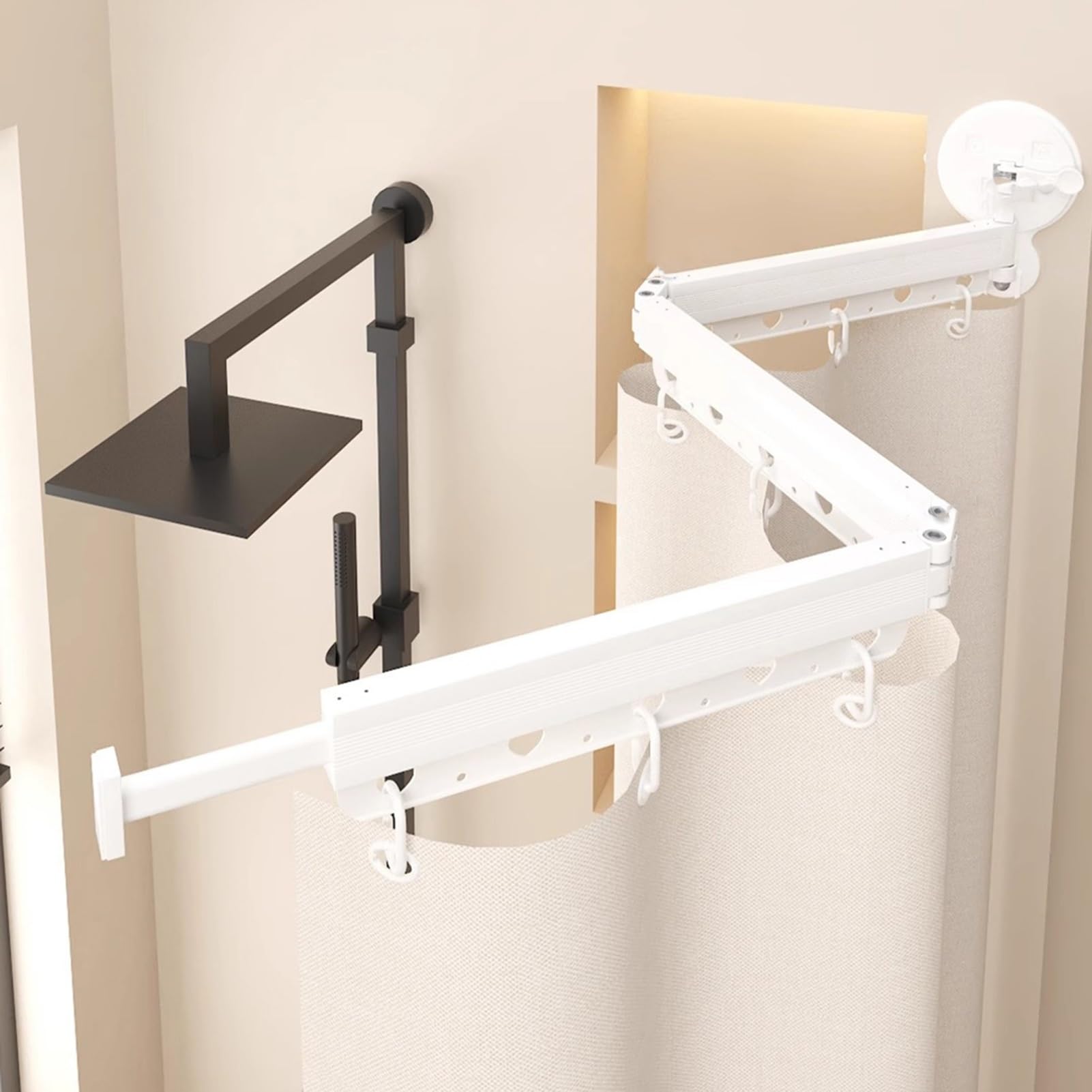 Tringle de douche d'angle pliable abricot 163 cm sans perçage pour salle de bain