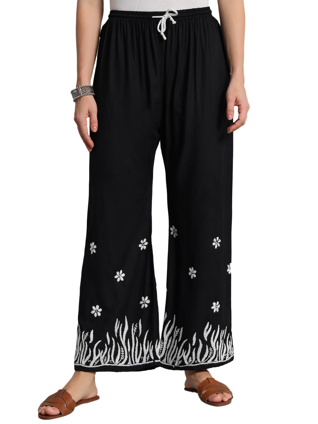fch, fashionable chikan handikraft Fashionable Chikan Handikraft Women's Cotton Embroidered Chikankari Black Pajama Pant Palazzo-picture-44