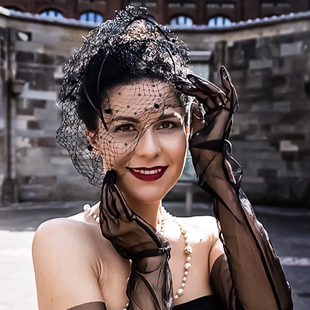 Asofelk Feather Fascinator Hat with Birdcage Veil and Hair  display picture 1