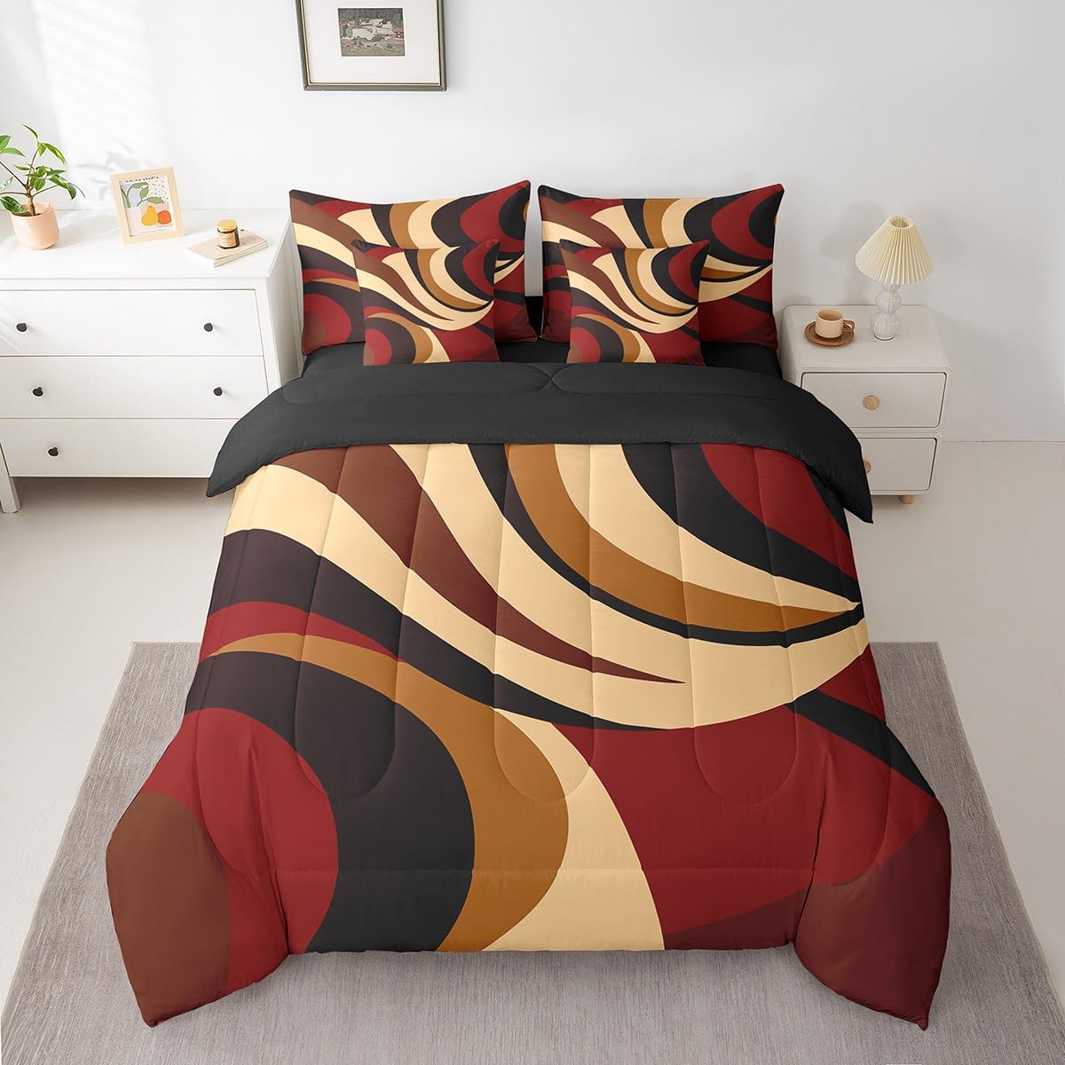 Burgundy Red 7 Piece Bedding Set King Modern Abstract Bed Set Includes Comforter, Sheet Set, Pillowcases & Pillow Covers Bedroom Decor Vintage Luxury Stripes Comforter Set Soft Women Men Geometric
