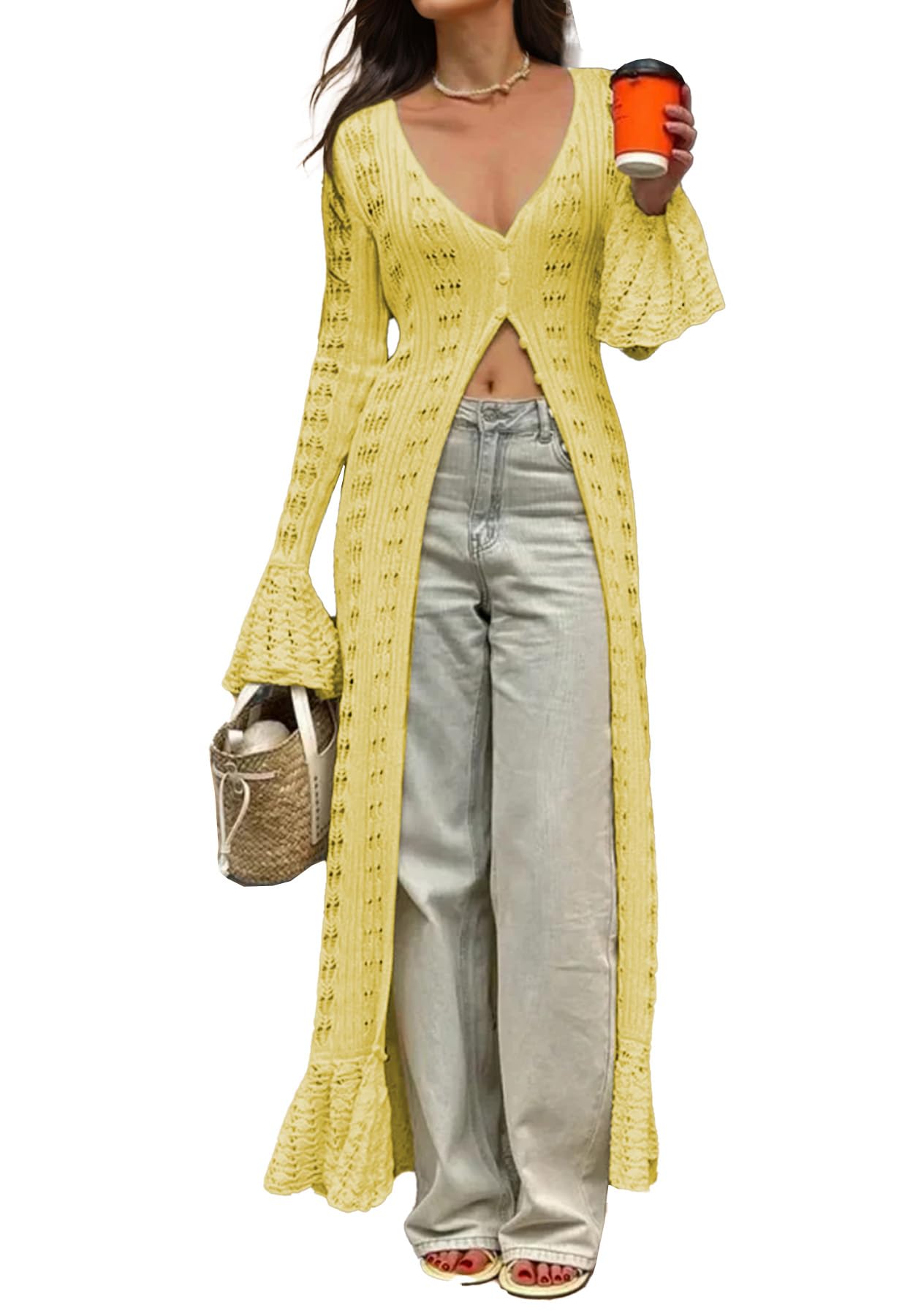 NRTHYE Women Long Crochet Cardigans Button up Knit Hollow Out Elegant Duster Sweaters Cover Up Maxi Dress