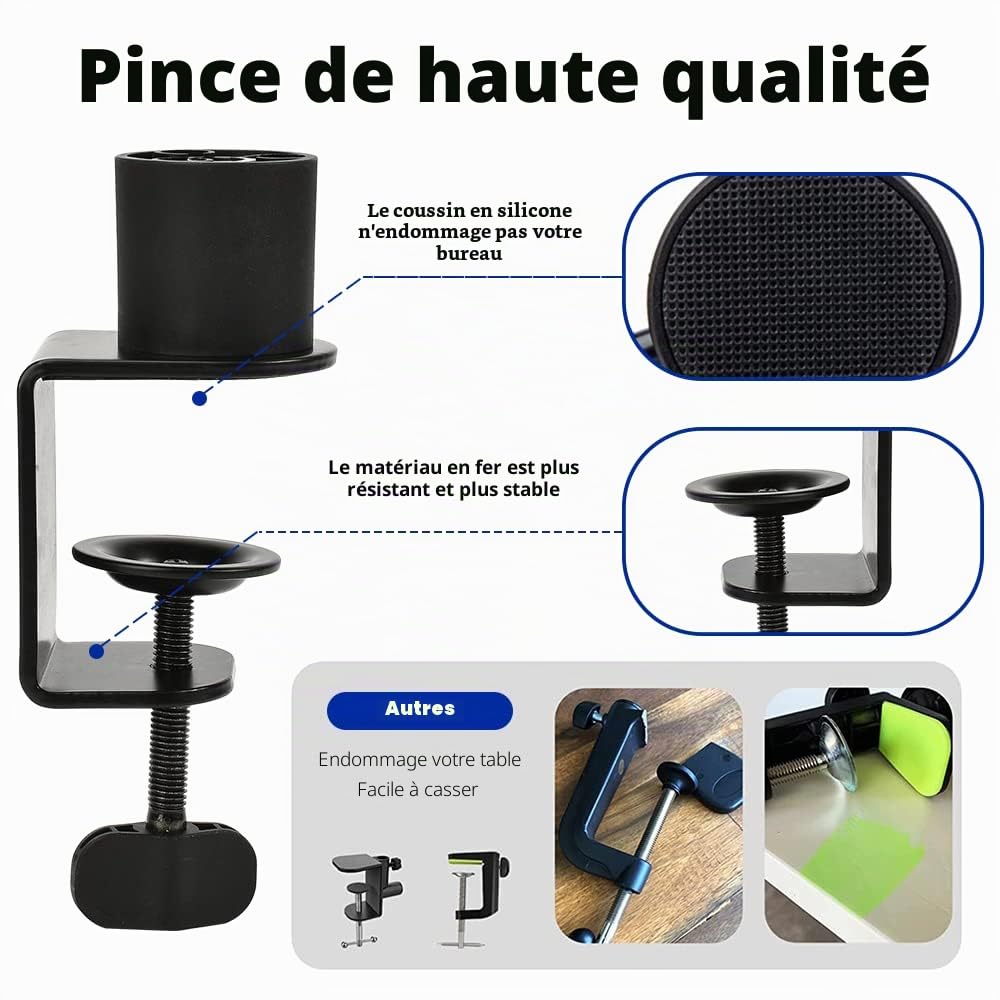 BOMGE Support de micro réglable et robuste avec canaux de gestion des câbles, pince de bureau pour balados, streaming, jeux, bureau à domicile, enregistrement (noir)