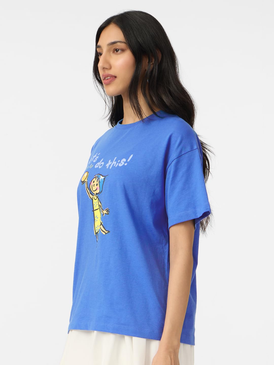 The Souled Store Dentro: Joy Camiseta de manga corta con cuello redondo de algodón con estampado gráfico azul para mujeres y niñas