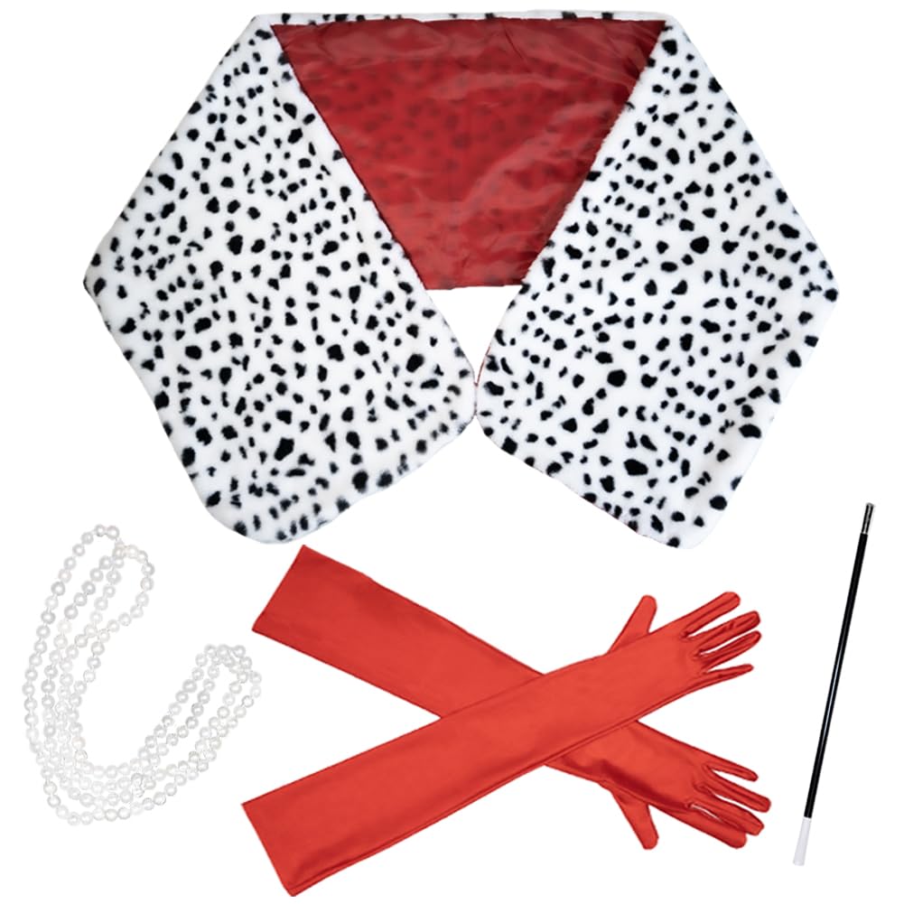 Women's Extra Large Cruella Deville Costume Set Dalmation Shawl Faux Stole for Halloween Cosplay Party