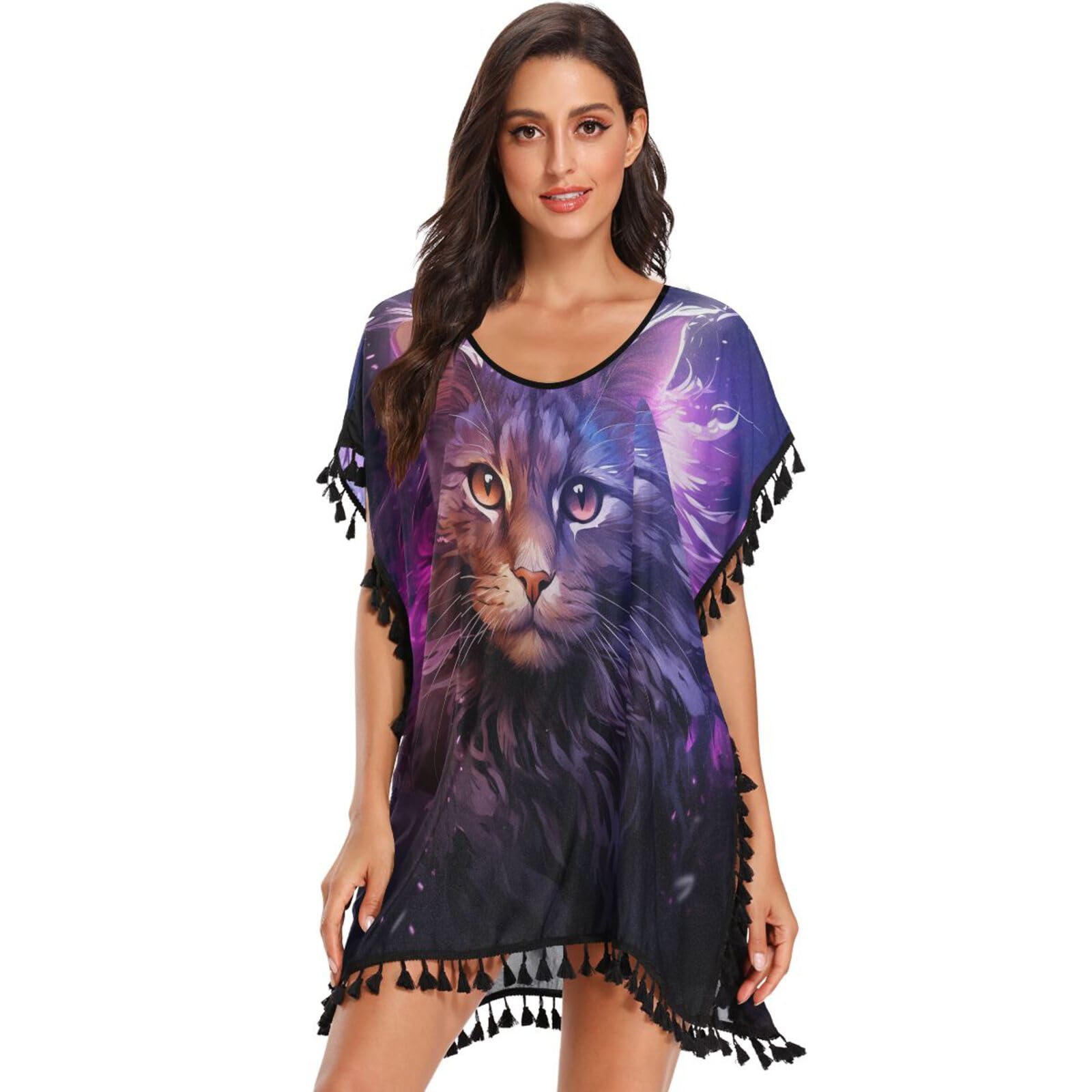 Purple Abstract Art Cat Women's Beach Cover Up Chiffon Tassel Swimwear Swimsuit Coverups for Girl