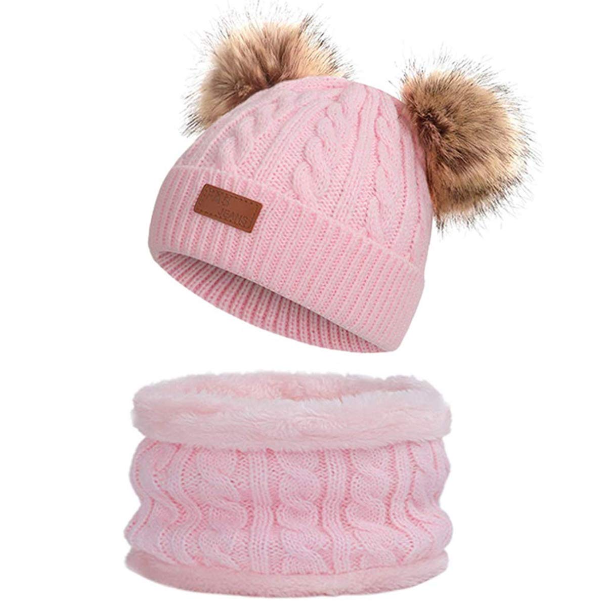 Simoda Unisex Kids Light Pink Children's Winter Hat Scarf Set Knitted Warm Skiing Beanie Cap With Lovely Pompom (Light Pink)