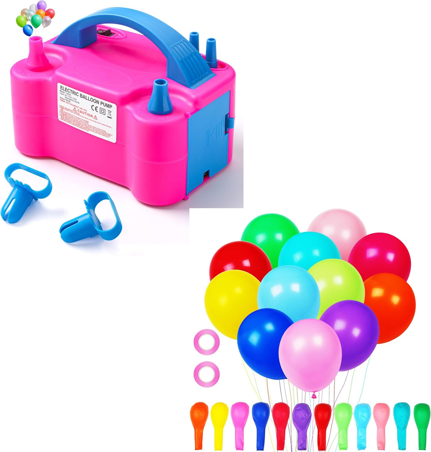 Balloon Pump Electric with 105pcs Colorful Balloons, Portable Automatic Dual Nozzle Inflator 110V 600W with Tying Tools for Birthday Gender Reveal Baby Shower Balloons Party Decorations