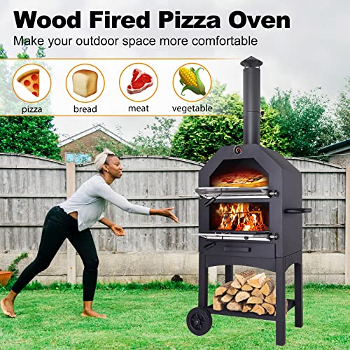 Vonzoy Wood Fired Outdoor Pizza Oven With Waterproof Cover, Pizza Stone And Peel, Wood Burning Pizza Oven With 2 Wheels For Outside #TOP1