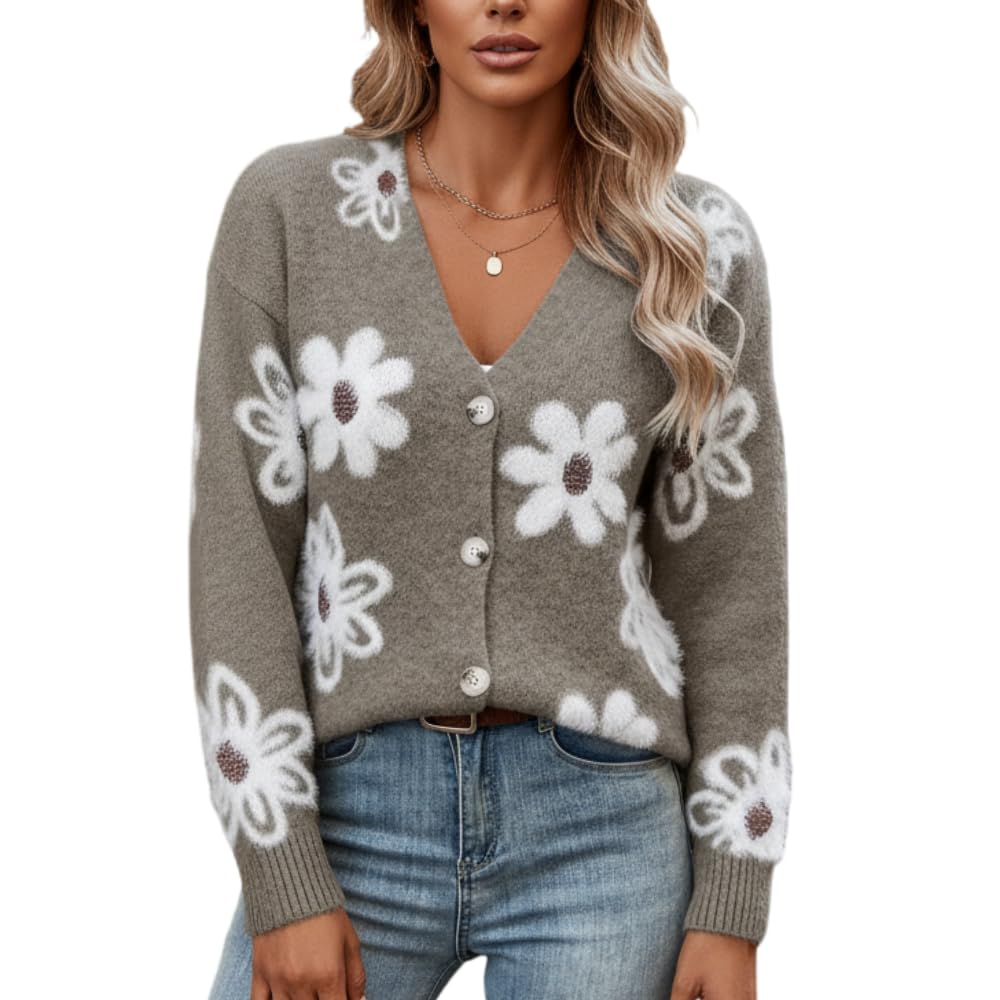 Womens Floral Knit Cardigan V Neck Button Down Long Sleeve Sweater Loose Casual Spring Fall Daisy Jacquard Knitwear