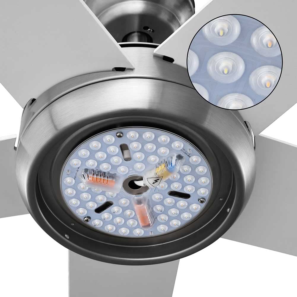 BAKAJI Ventilatore Lampadario da Soffitto 5 Pale in Legno con Lampada Plafoniera 60 LED 20W in Vetro 3 Velocità Funzione Timer Luce Cambio Colore e Telecomando Diametro 132cm Bianco Silver