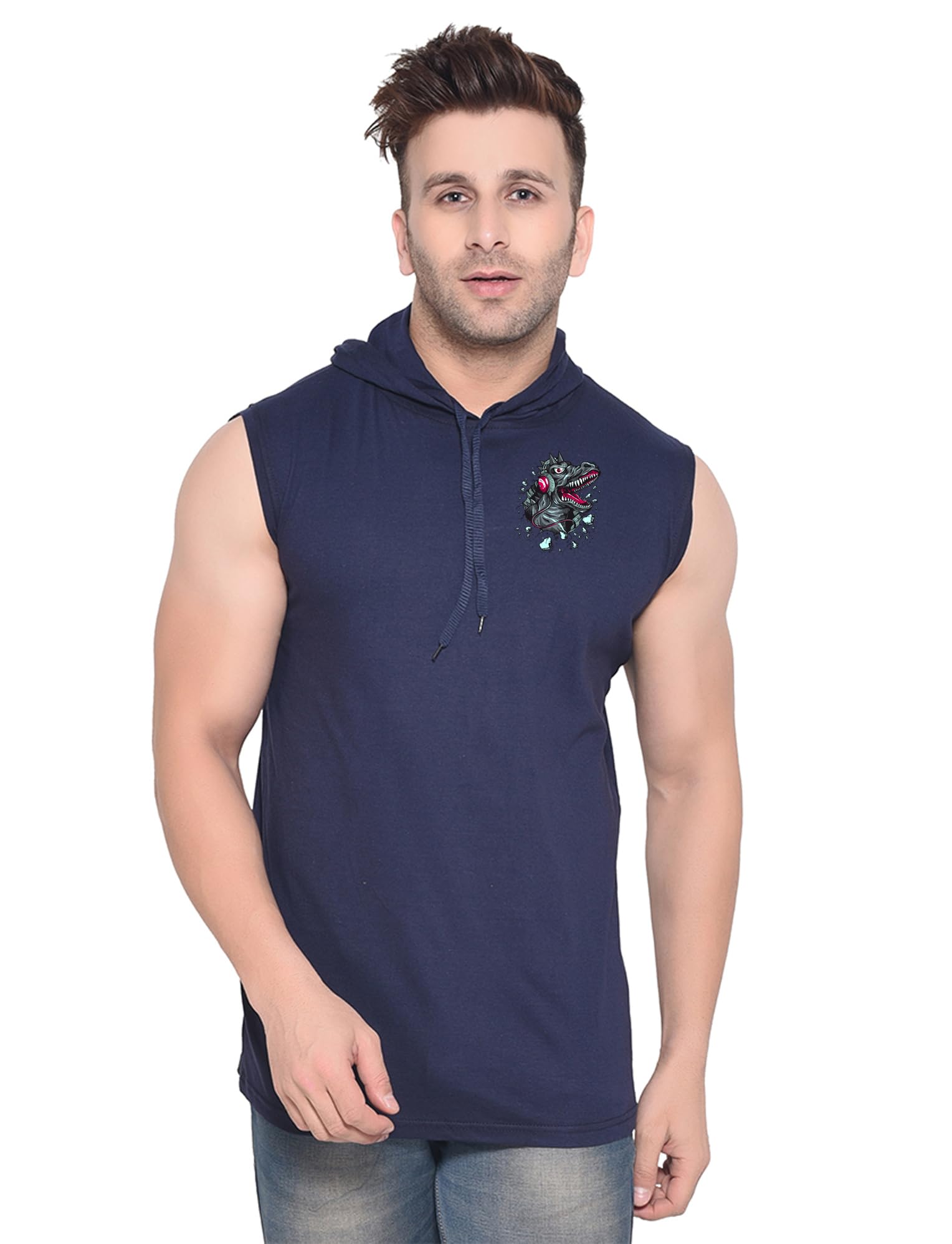 Men’s Sleeveless Hooded Gym T-Shirt with Graphic Chest Print | Casual Muscle Fit Hoodie Tank Top-image-7