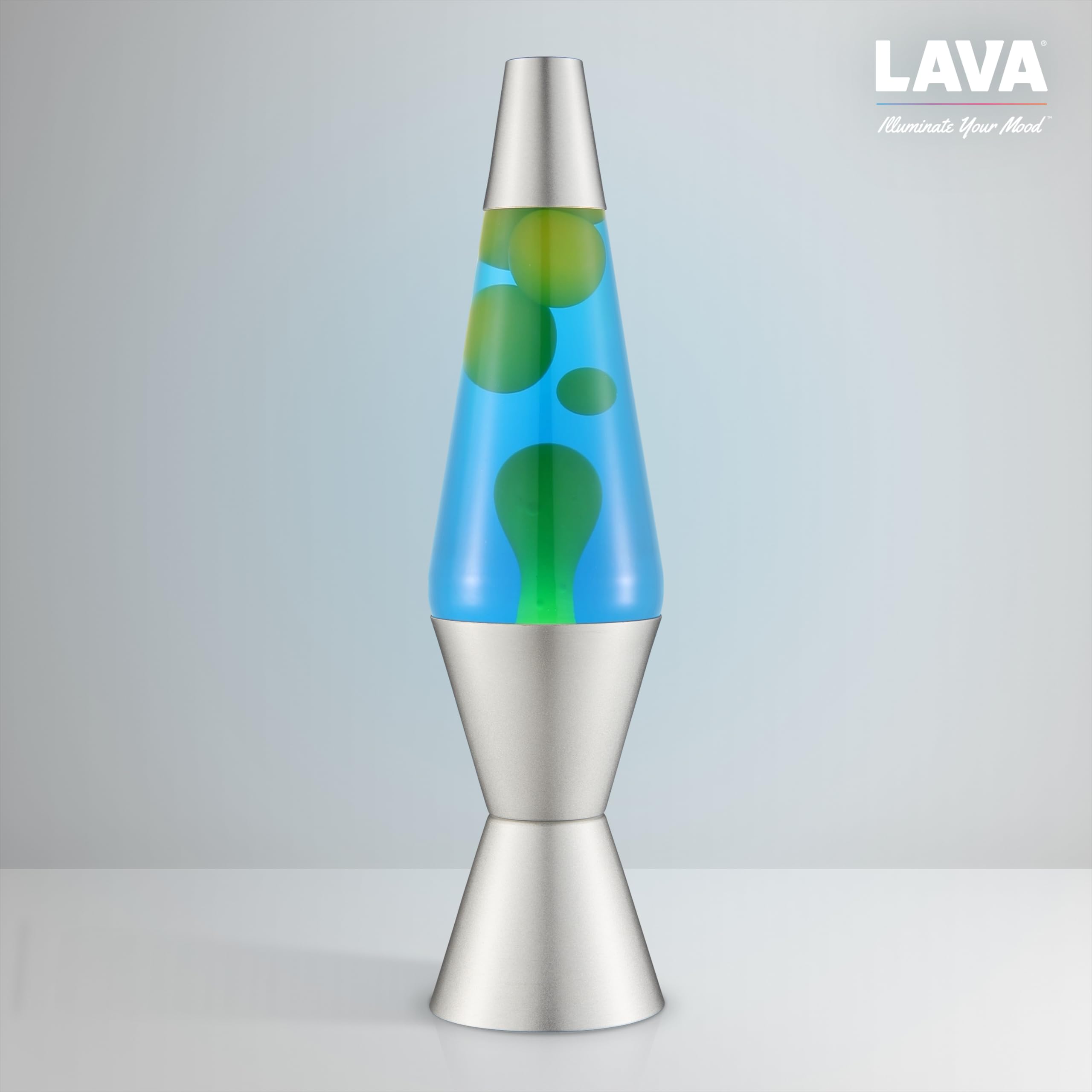 LAVA® - Lámpara Lava 2124, cera verde, líquido azul, base y tapa plateados, original de 14,5 pulgadas. Lámpara de movimiento marca LAVA®
