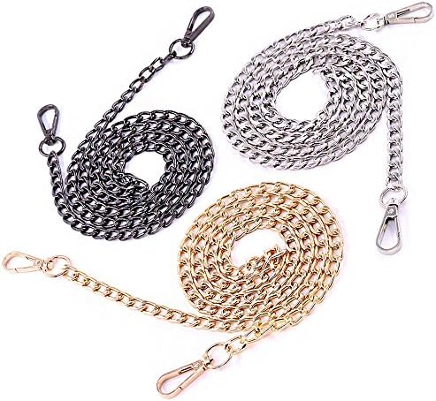 Swpeet 3Pcs Luxury Fashion 47 Inche Replacement Flat Chain Strap with Buckles Set, Perfect for DIY Metal Shoulder Cross Body Bag Hand Bag Purse Replacement （ Gold + Silver+ Gun-Black