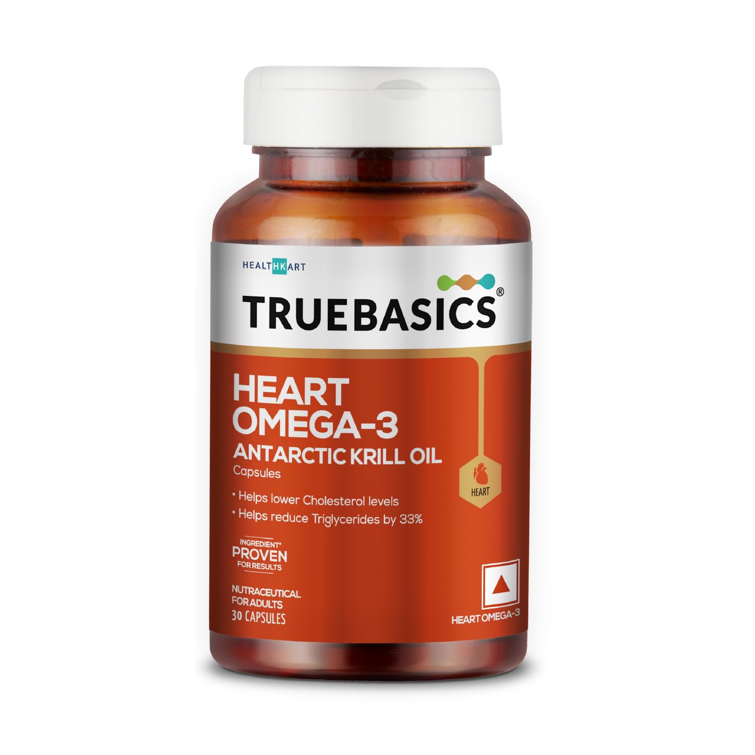 TrueBasics Heart Omega 3 Antarctic Krill Oil (30 Capsules)|With Clinically Researched 100% Pure Krill Oil|For Healthy Heart,Reduces Cholesterol & Triglycerides,1 Count