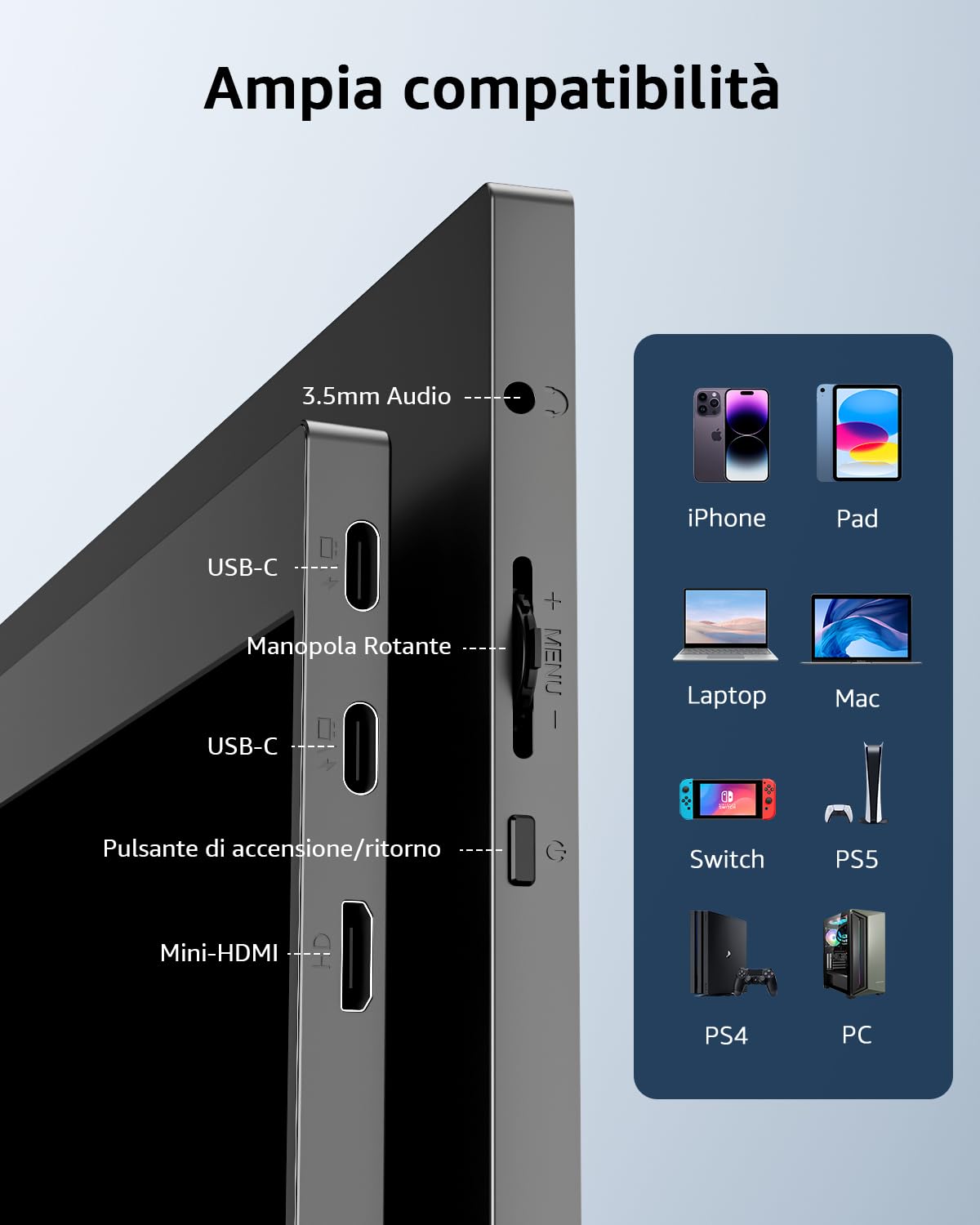 Yodoit Monitor Portatile, Schermo IPS da 15,6" 1920×1080P FHD con Supporto Integrato, Connettività USB-C e HDMI, Altoparlanti Integrati, per Laptop/PC/Mac/PS3/4/5/Xbox