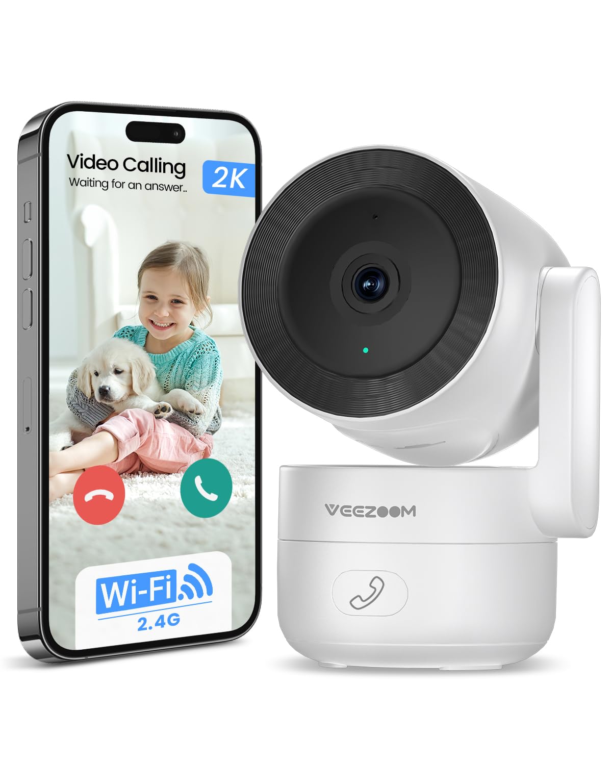 VEEZOOM 4MP WLAN Kamera Indoor, 360° PTZ Kamera Überwachung Innen, 2.4G WiFi Baby/Haustier Innenkamera, HD-Nachtsicht, KI Personenerkennung, One-Touch-Anruf, Automatische Verfolgung, 504D