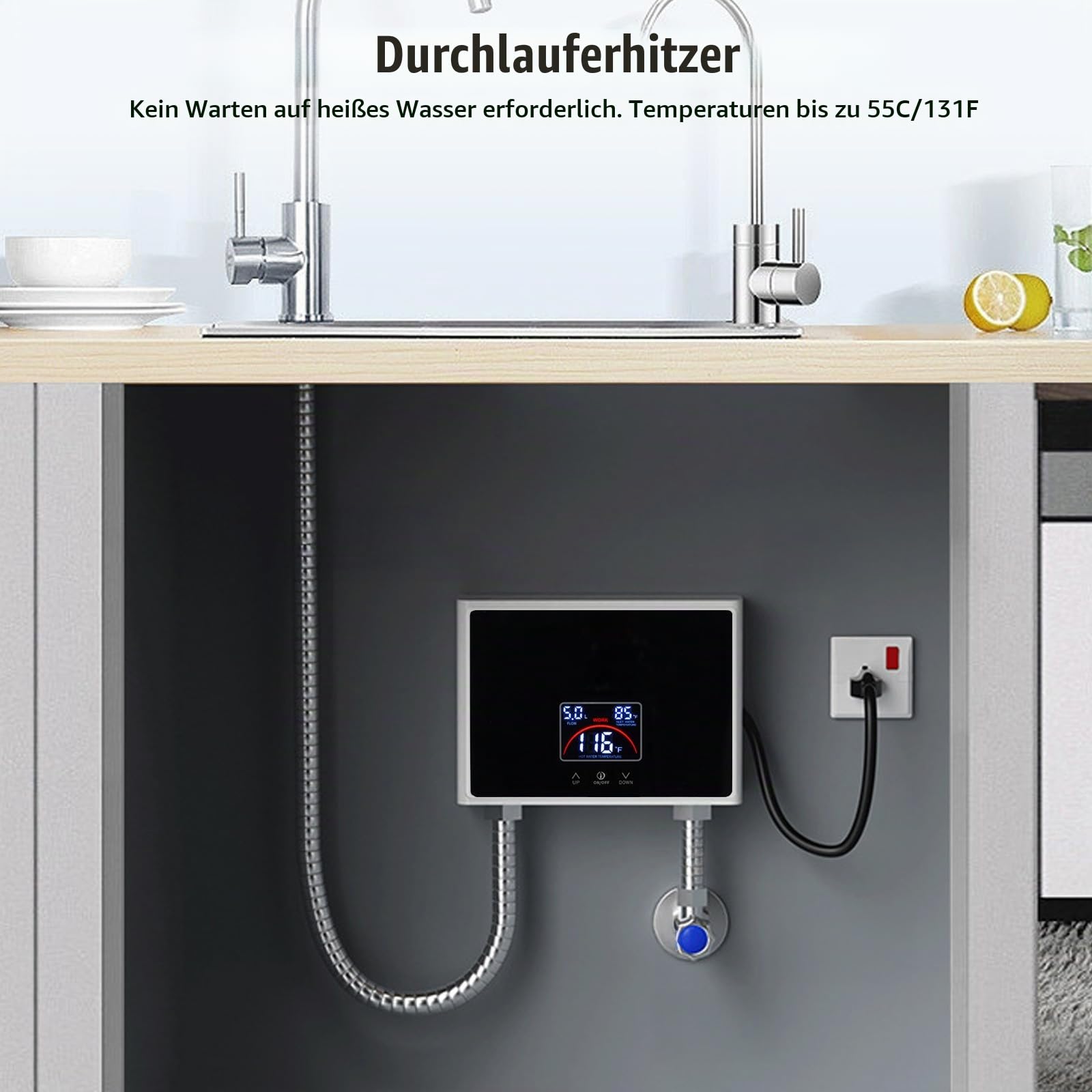 Tankless Durchlauferhitzer Elektrisch - 220V 5500W Instant Warmwasserbereiter mit LED-Display, 30-55℃, Steckerfertig, für Badezimmer Küche