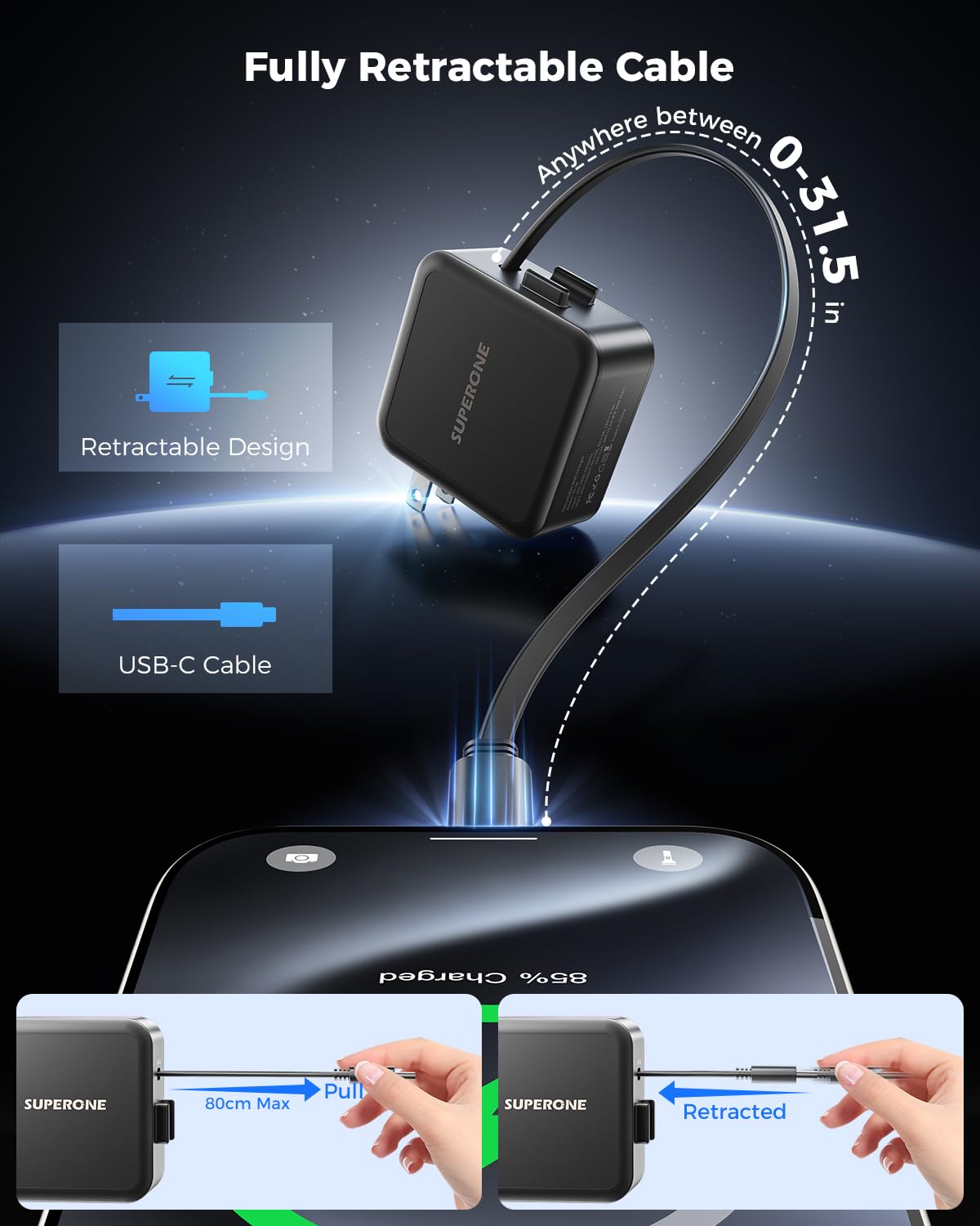 SUPERONE 30W Retractable Charger for i Phone 16, USB C Wall Charger Block with 31.4in Fast Charging Cable, Retractable Chargers Wall Plug for iPhone 16 15 Pro Max Plus, Galaxy, Pixel, Pad and More