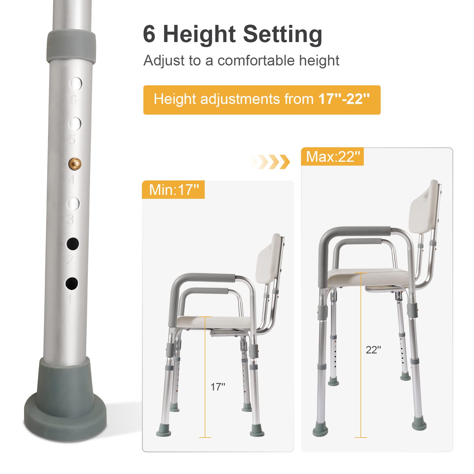 SIEPUNK Shower Chair with Arms and Back for Bathtub, Shower Seat for Inside Shower for Seniors Elderly Disabled, 300 Lbs Heavy Duty Shower Bench Stool for Shower Stall, Non-Slip Height Adjustable