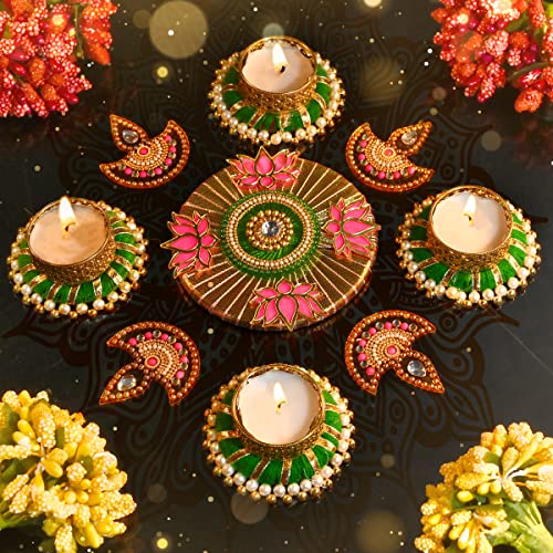 Designer Diya Floor Rangoli with Jute Ring Tea Light Holder Reusable Rangoli Acrylic Indian Traditional Home Decor Gift for Home Interior Floor Decoration Festival Decorations(Size:- 10
