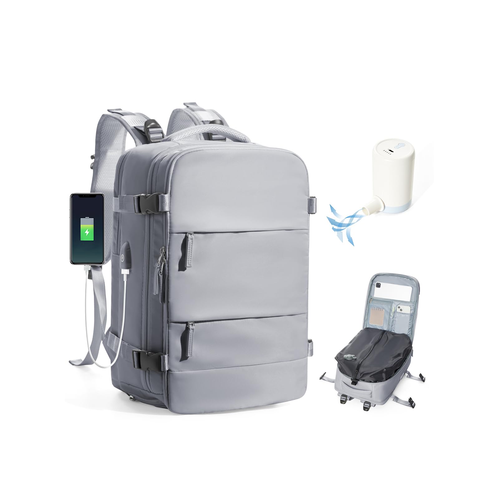 BJLFS Vacuum Backpack Travel with Pump Cabin Bags Women Travel Backpack with Vacuum System Carry on Bag for Airplane Vacuum Seal Hand Luggage Bag Men D38-Grey