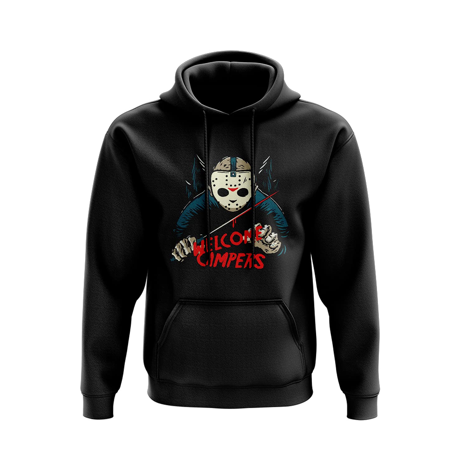 Welcome Campers Friday 13th Hoodie - Horror Slasher Film Halloween Murderer Present Gift Idea 80% Ringspun Cotton Polyester (Small, Black)