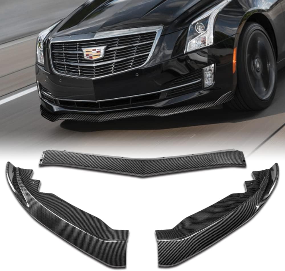 Q1-TECH, 5-Piece Front Bumper Lip + Side Skirt Rocker Winglet Canard Diffuser Wing Compatible with 2015 2016 2017 2018 Cadillac ATS, Front Lip Spoiler Air Chin Splitter ABS (Painted Carbon)