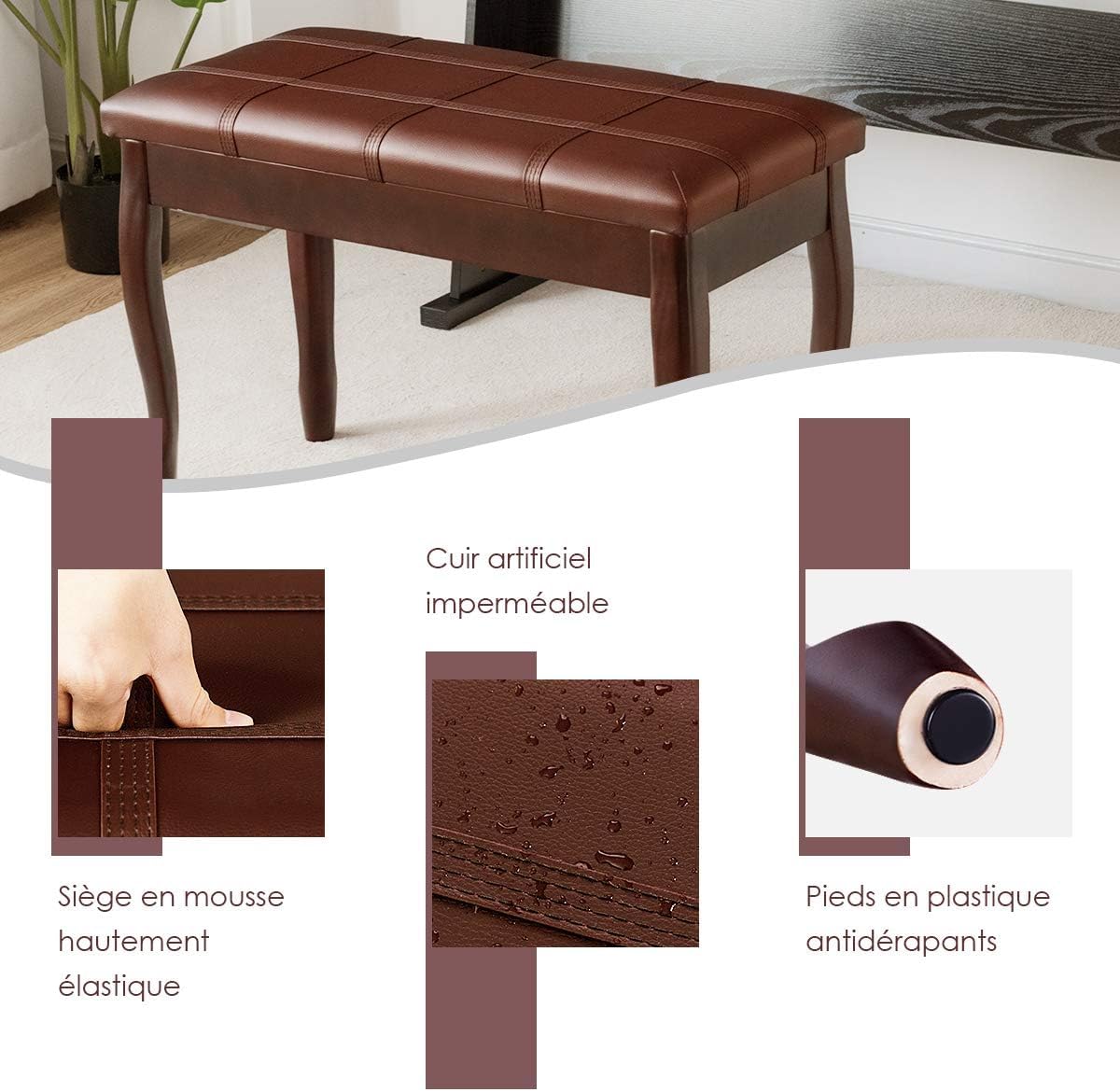 GOPLUS Banco para Piano Doble de Madera con Asiento Acolchado, Taburete de Piano de 2 Plazas con Compartimento de Almacenaje, 75x35x49cm, Carga Máxima 180KG
