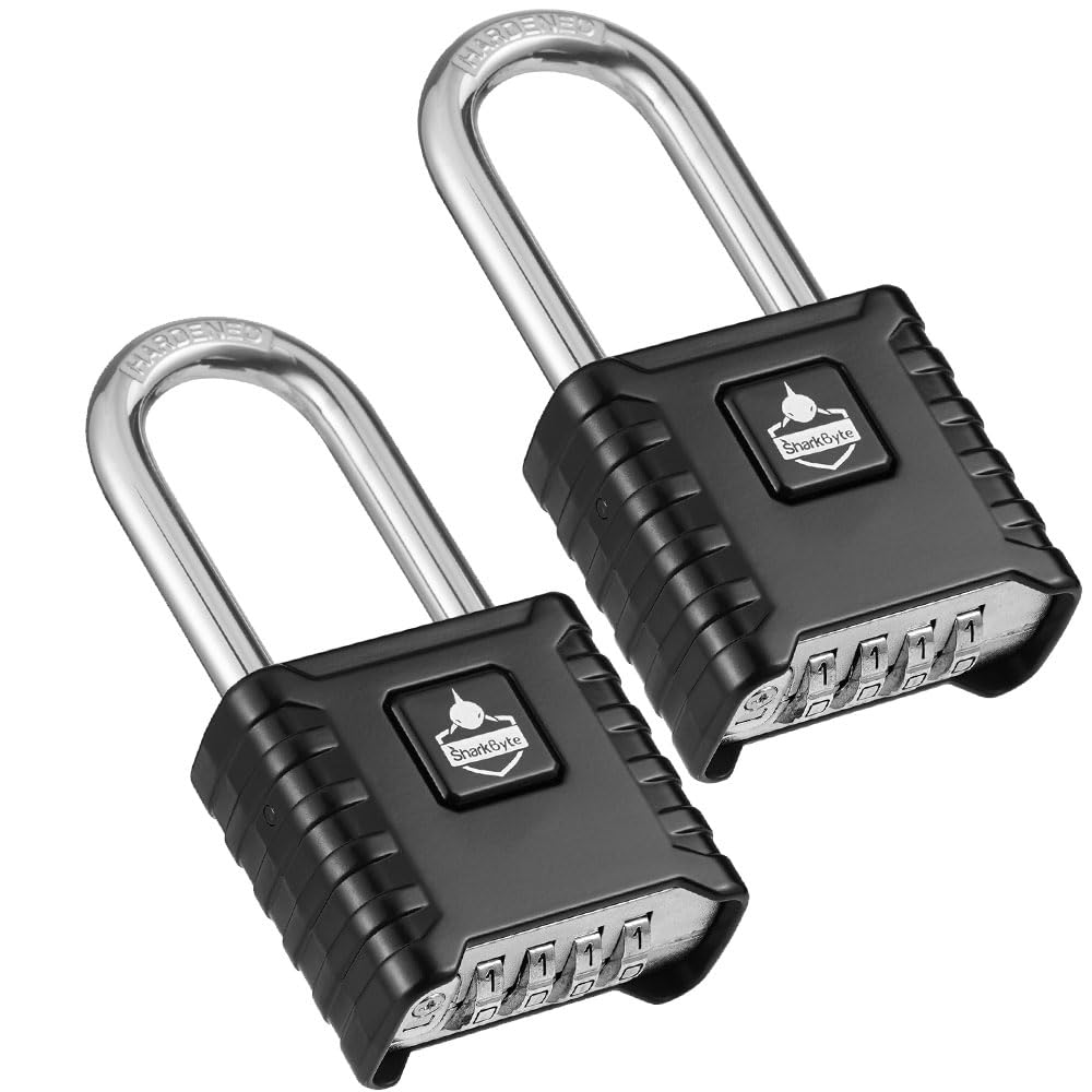 Sharkbyte 2 Pack, Black L 2 Pack Long Shackle Combination Padlocks [Weatherproof] 52Mm 4-Digit Outdoor Locks, 8Mm Stainless Steel Shackles, Anti-Rust & Resettable Code Locks For Gate, Fence, Garage, Shed, Gym - Black
